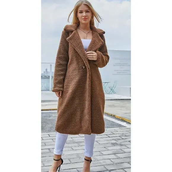 Eilly Bazar Double Button Teddy Midi Coat-Brown-Medium - Picture 2 of 9